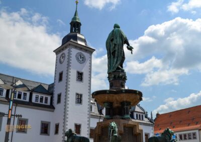 Rathaus und Löwenbrunnen Silberstadt Freiberg